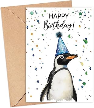 Penguin Birthday Card With Party Hat - Happy Birthday Card - Penguin Gift - Zoo Safari Animal Birth - Zoo Greeting Cards - Penguins Watercolour Cards - Animal Lover Birth Gift