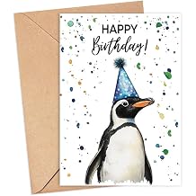Penguin Birthday Card With Party Hat - Happy Birthday Card - Penguin Gift - Zoo Safari Animal Birth - Zoo Greeting Cards - Penguins Watercolour Cards - Animal Lover Birth Gift