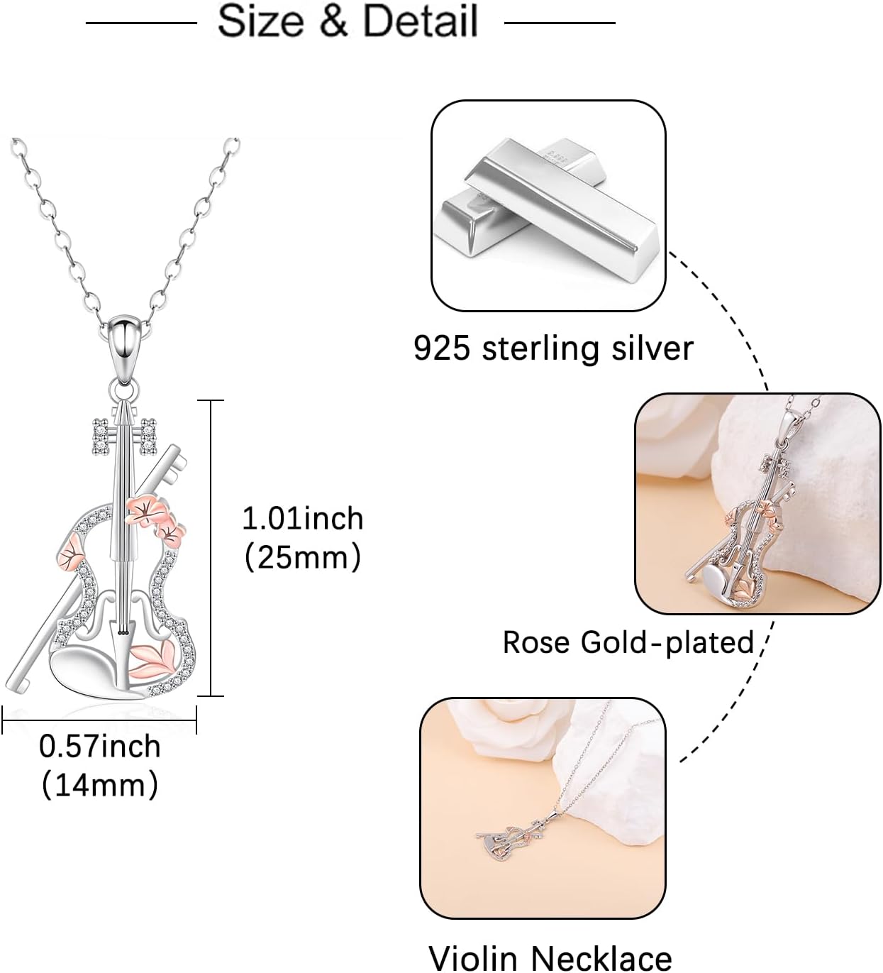 Sterling Silver Violin Necklace Gift: 925 Music Pendant for Musicians Musical Lover Violinist Player Elegant Jewelry for Concert Performances Teaching Daily Practice - Image 4