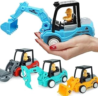 Excavator Toy Construction Vehicles Set with Excavator, Bulldozer, Road Roller, Drill Excavator Sandbox Toy Construction Trucks for 3 Year Old Boys Toddlers Kids Friction Powered Cars (4 Pack)