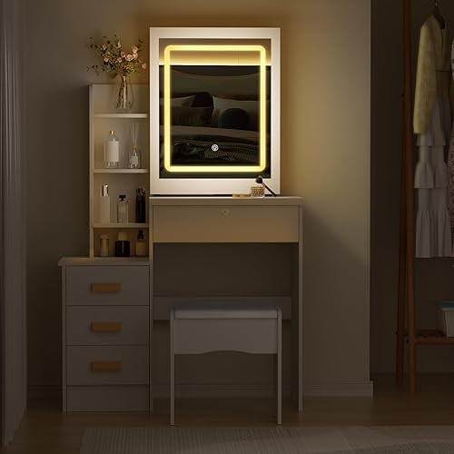 Miniatura 5 de Escritorio de tocador con espejo deslizante y luces, tocador para dormitorio, mesa de maquillaje con cajones y estantes, espacio de almacenamiento