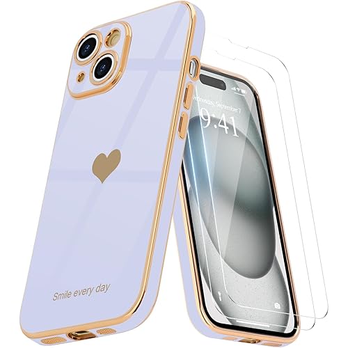 Teageo for iPhone 15 Plus Case with Screen Protector [2 Pack] Girl Women Cute Girly Love-Heart Luxury Gold Soft Cover Camera Protection Silicone Shockproof Phone Case iPhone 15 Plus, Light Purple
