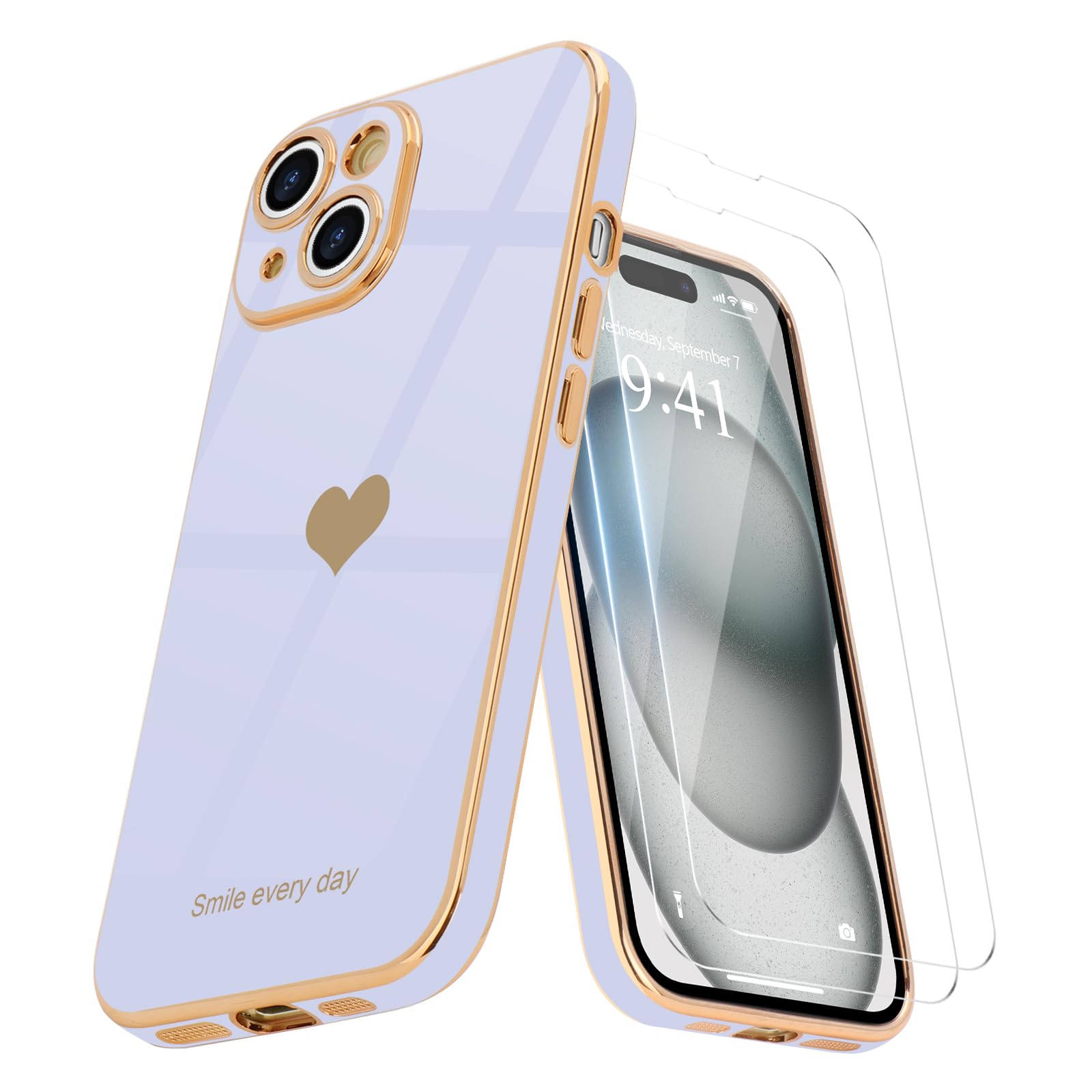 Teageo for iPhone 15 Plus Case with Screen Protector [2 Pack] Girl Women Cute Girly Love-Heart Luxury Gold Soft Cover Camera Protection Silicone Shockproof Phone Case iPhone 15 Plus, light purple