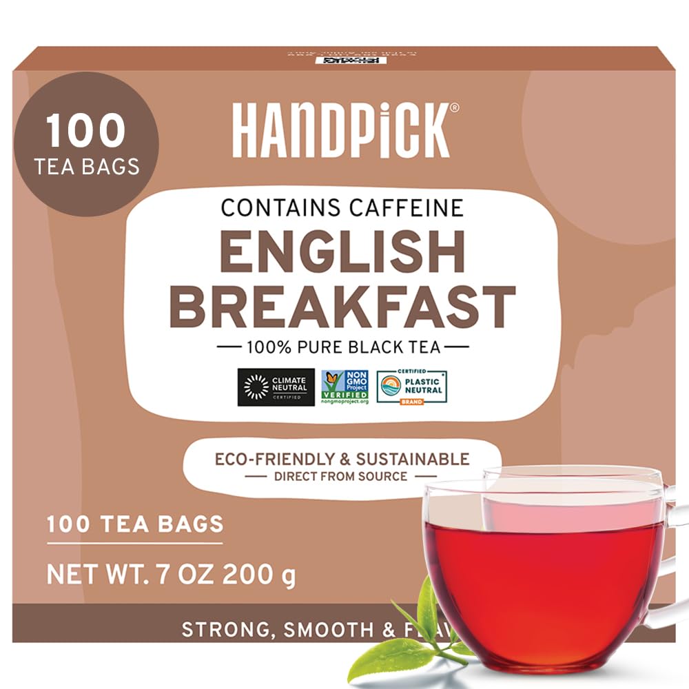 HANDPICK, English Breakfast Black Tea Bags (100 Count), Non-GMO | 100% Halal Certified | Strong, Robust, High-Caffeine Black Tea | Eco-conscious Tea Bags, Brew English Breakfast & Kombucha Tea