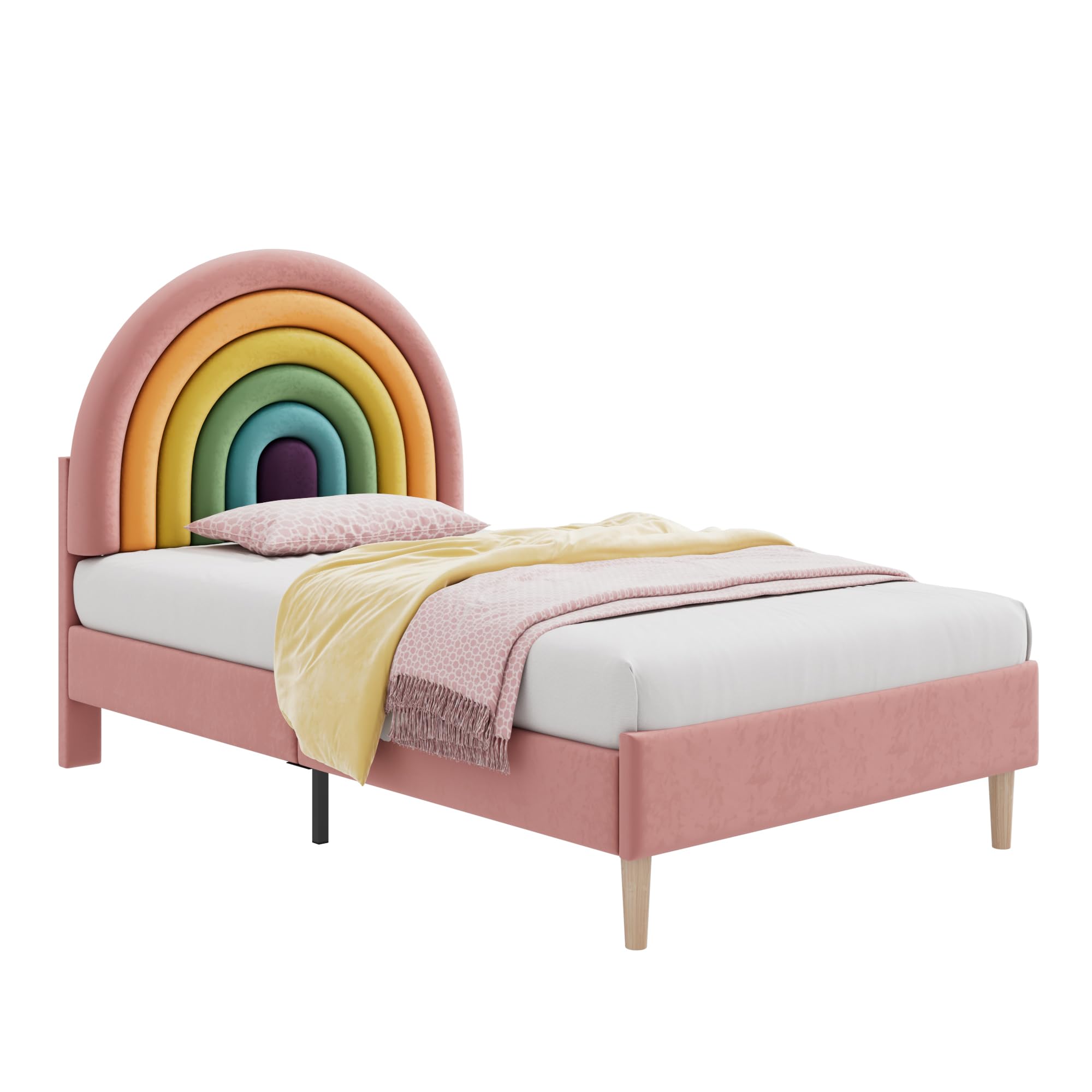 Azkoeesy Letto singolo imbottito per bambini e bambina, 90 x 200 cm, testiera arcobaleno, rivestimento in velluto, rosa