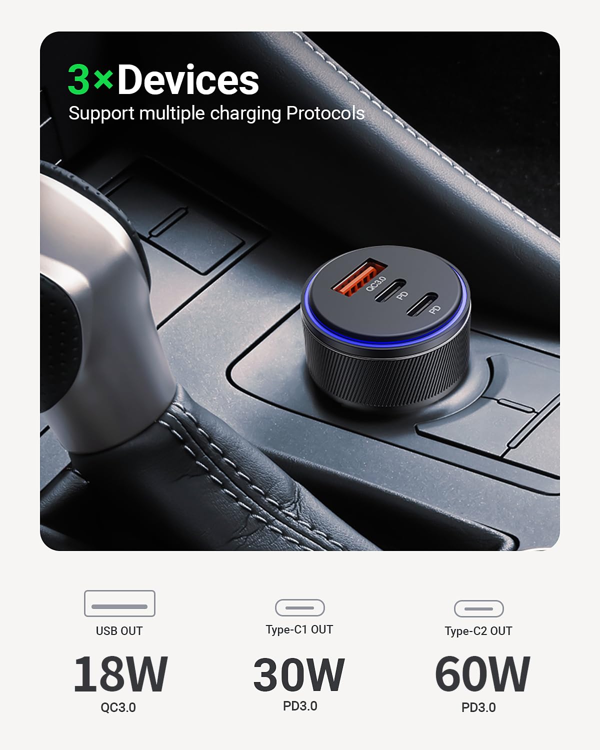 Cargador de coche, 2 piezas, 3 puertos, 90 W, doble puerto, USB C, cargador rápido con dos tres puertos, dos cables USB-C a USB-C, PD/QC 3.0 tipo C, carga de coche para iPhone/iPad/Airpods