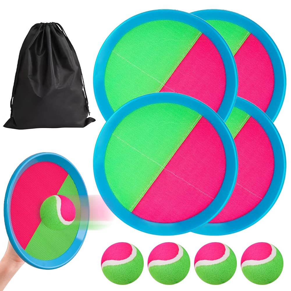 Jonuin Toss and Catch Ball Set, Ball Catch Game with 4 Paddles and 4 Sticky Balls for Family, Fun Outdoor Toys with Storage Bag for Garden, Yard, Beach, Pool (Red-green)