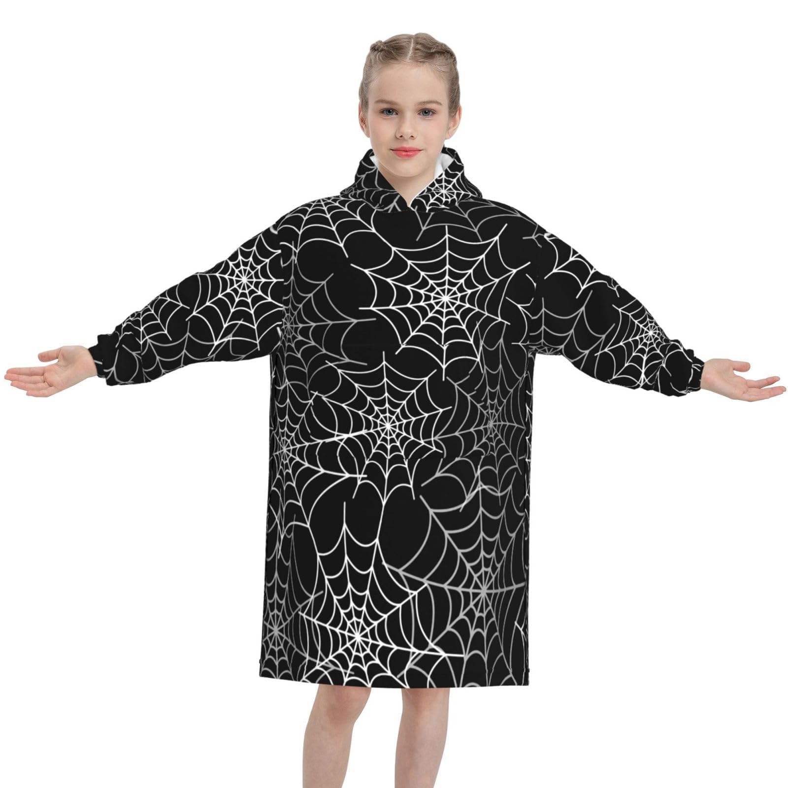 Halloween Spider Web Goth Wearable Blanket Hoodie for Kids, Oversized Flannel Fleece Sweatshirt, Cozy Blanket Hoodie with Pocket, Gift for Girls Boys Teens — image 1