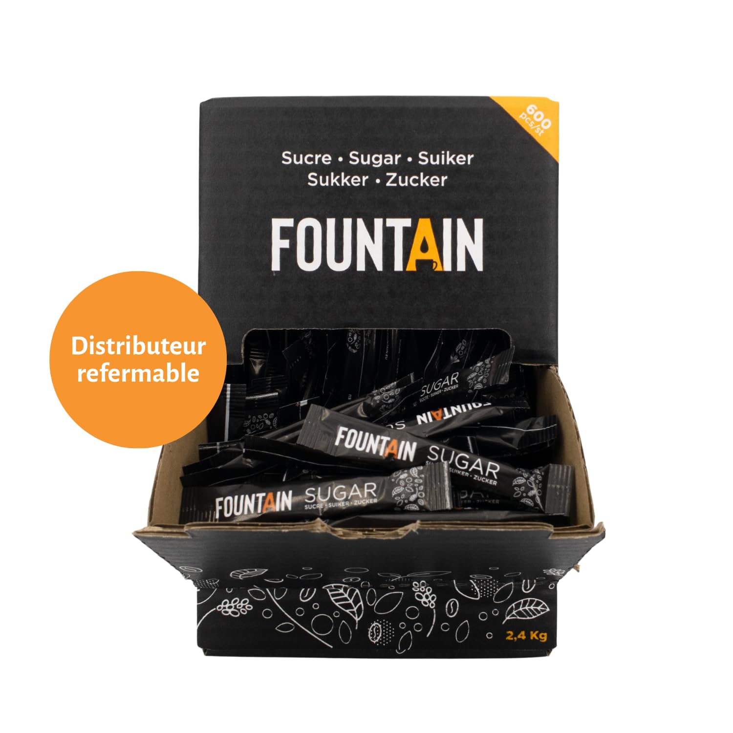 Fountain - Sachet de sucre blanc - Sucre en dosette individuelle de 4 gr dans une boîte distributrice - idéal pour tasse de café - 4 gr x 600 pièces