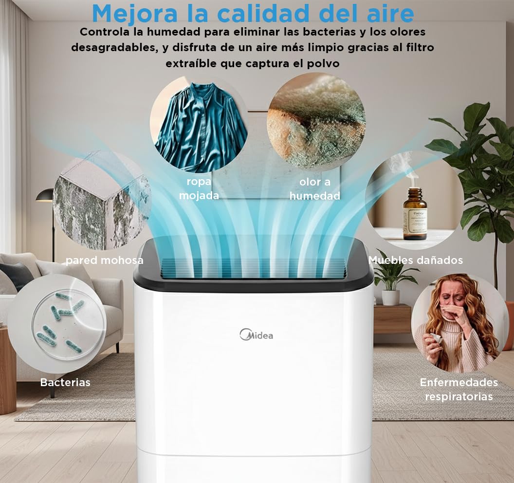 Midea Deshumidificador de Humedad 20L Silencioso | WiFi/App, Modo Secado de Ropa y Auto Antihumedad, Purificador Eléctrico Antibacterias, moho y Condensación | Ideal en habitaciones hasta 50m2/150m3