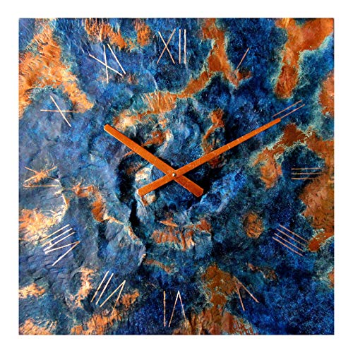 Inthetime 24-Inch Bent Copper Wall Clock Blue Square Large Silent Non-Ticking Unique Handmade - 7Th Wedding Anniversary Gift Idea Rustic Farmhouse Native American Southwest Home Kitchen Art Decor #TOP4