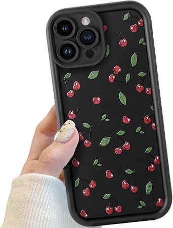 Potok Black Cute Cherry Phone Case for iPhone 14 Pro Max, Cute Red Cherry Pattern Shockproof Bumper Phone Case for Women Girls, Soft TPU Slim Girly Cute Protective Cover for iPhone 14 Pro Max