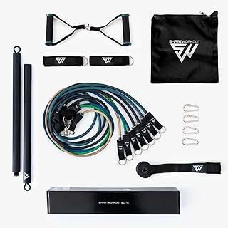 SmartWorkout® - Kit Elastici Fitness Professionale - Pacchetto Allenamento Completo 19 pezzi, 7 bande di resistenza totalizzanti 120 kg, barra per elastici, maniglie, Ancoraggio della porta & Programma Incluso