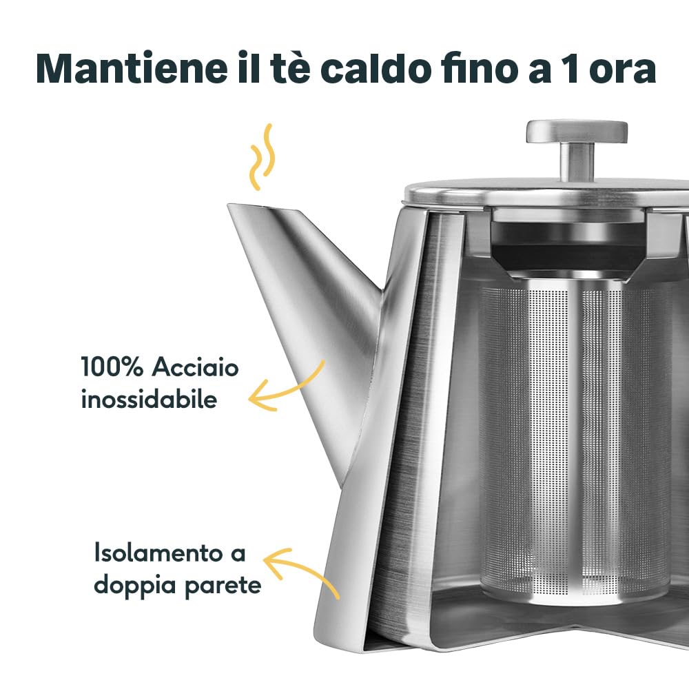 SILBERTHAL Teiera con infusore 1L - Acciaio Inox - Mantiene il tè caldo - Isolamento a doppia parete - Teapot