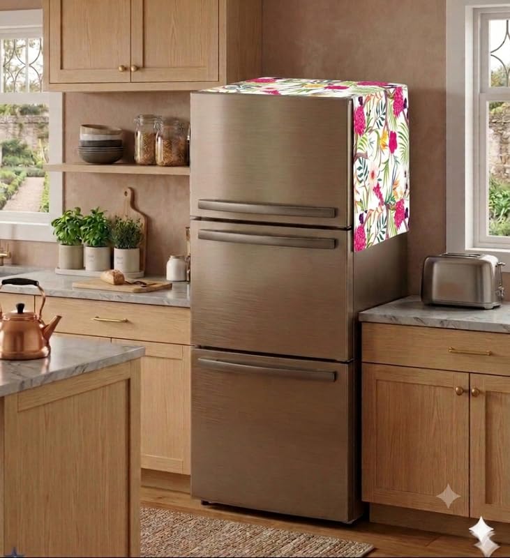 Image of Triple Door Fridge Cover for 100-250L Refrigerators | Dustproof Top Mat | Floral Fabric | Stylish Fridge Top Cover for Triple Door Models | Protective Refrigerator Cover|WWW.THROWPILLOW>IN