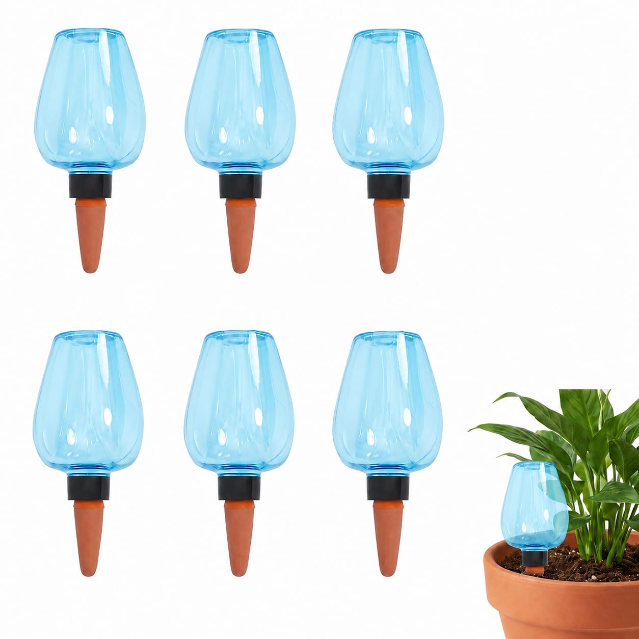 Kysren Watering Balls, Pack of 6, Plant Watering with Clay Cone, 350 ml Water Dispenser, Plants, Self-Watering for Indoor Plants, Flower Pots, Blue