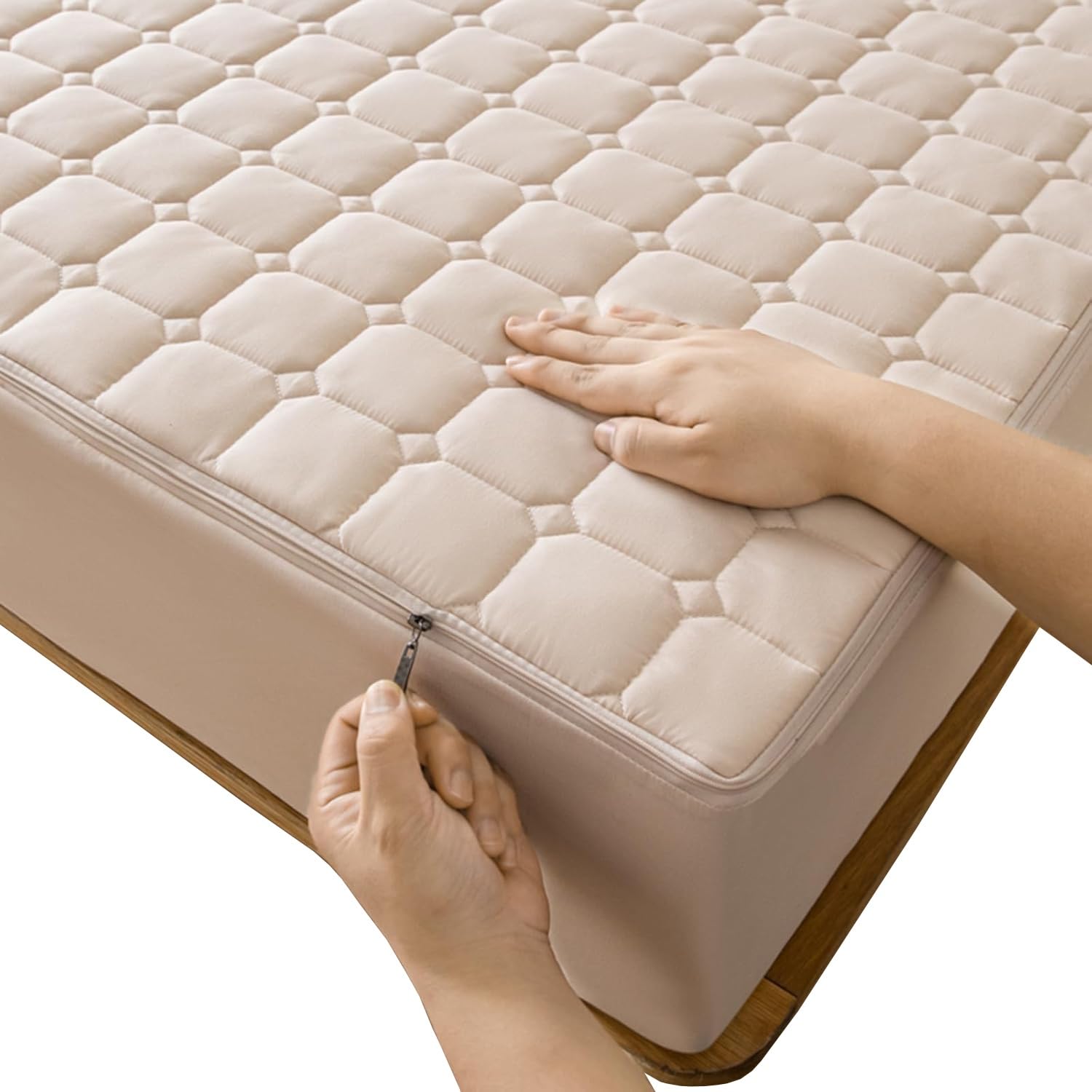 Matratzenbezug mit 4-Seitiger Reißverschluss Rundumschutz Matratzenhülle, Weicher Atmungsaktiver Matratzenschoner Waschbar(Beige,90x200x15cm)