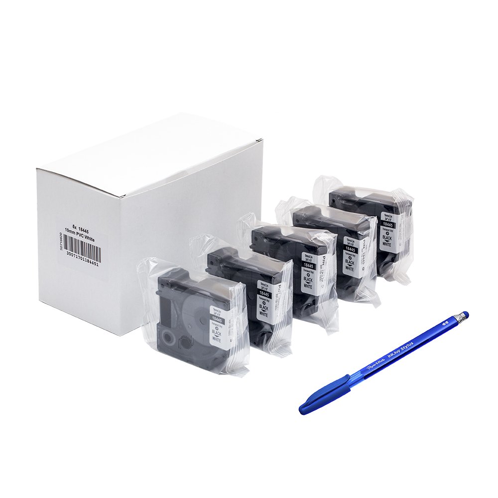 Dymo 18445 Rhino - Etiquetas industriales de vinilo, autoadhesivas, rollo de 19 mm x 5,5 m, impresión en negro sobre blanco + bolígrafo PaperMate