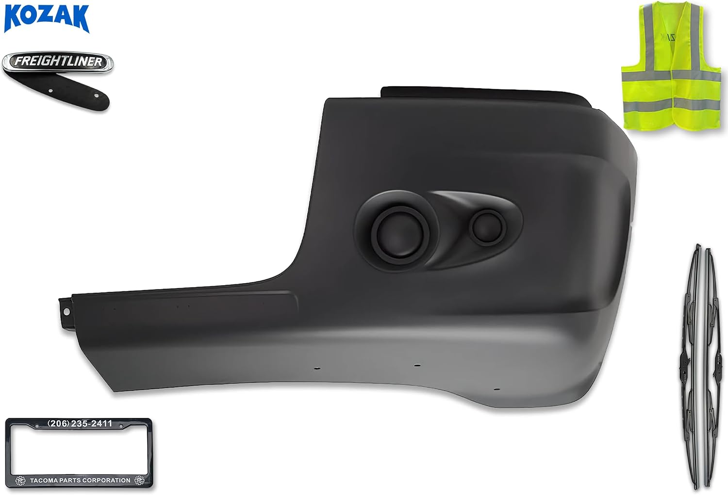 KOZAK Front Bumper End Corner Plastic without Fog Light Holes (Left Driver Side) Compatible with Freightliner Century 2005-2011, Includes Logo, 2x 22" Wipers, License Plate Holder, and Vest