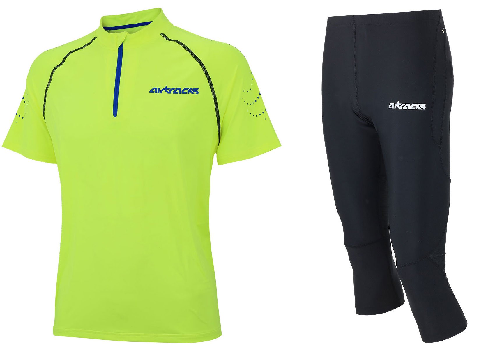 Airtracks Funktions Laufset Laufshirt/Kompressions - T-Shirt Kurzarm Pro Team + Laufhose 3/4 Lang Pro Air/Atmungsaktiv/Schnelltrocknend/Reflektor