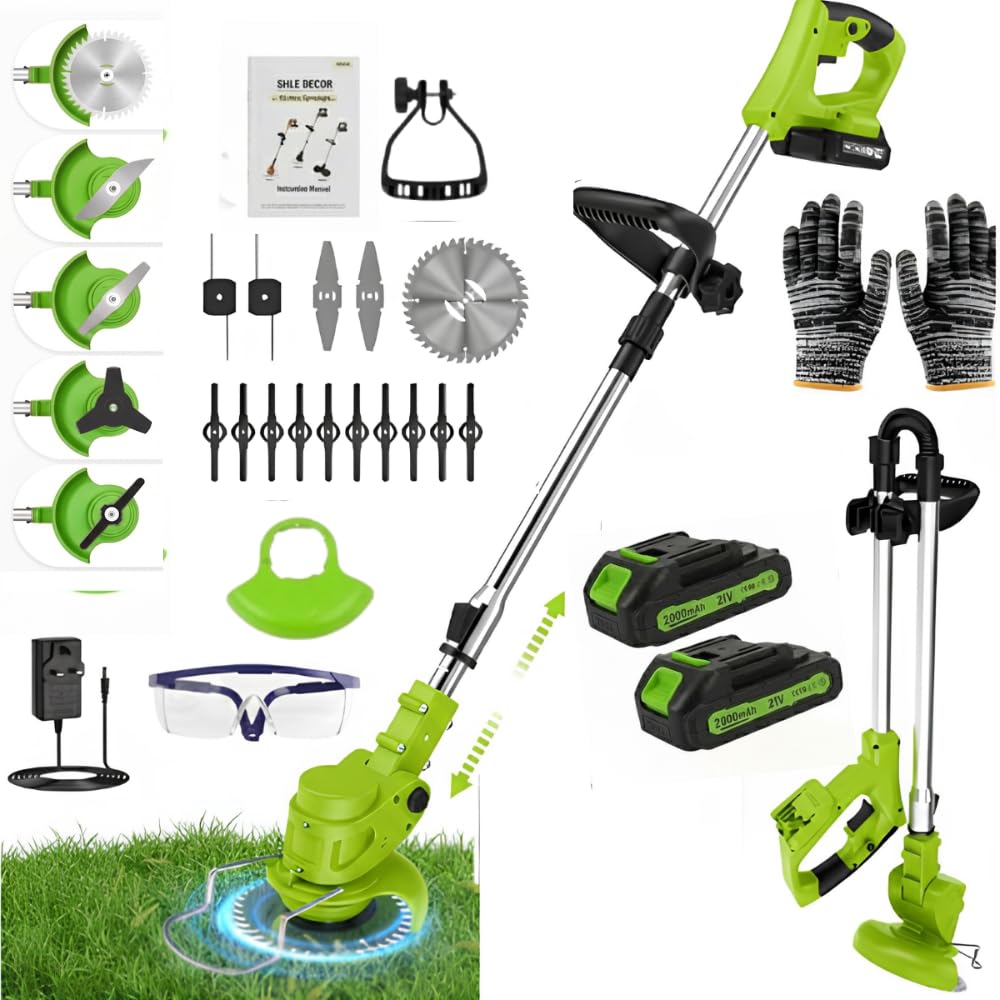 Cordless Garden Strimmers, Electric 21V Grass Trimmer with 2 X 2000mAh Battery, Adjustable Metal Blades, Telescopic Lightweight, 1880W, for Gardens, Park (Green with Wheels) โ image 1