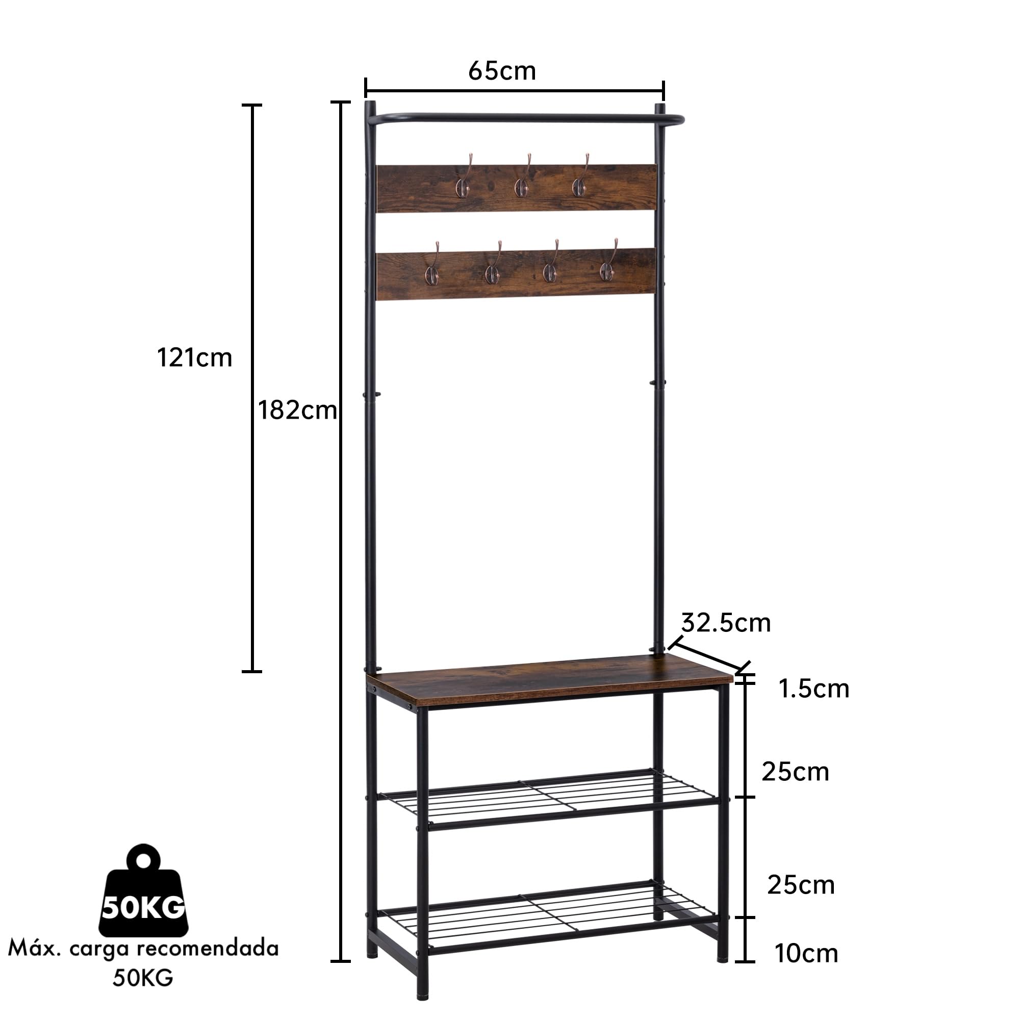 T-LOVENDO.ES Perchero Zapatero de Madera y Metal con estantería y Ganchos | Organizador de Entrada para Abrigos, Bolsos y Calzado | Mueble de Madera y Metal Resistente y Funcional para recibidor.