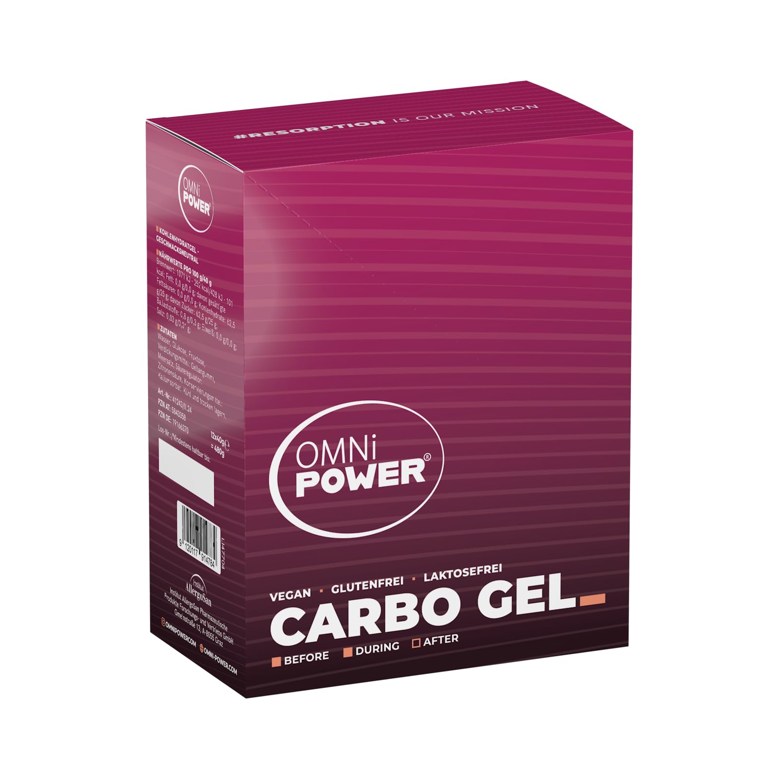 OMNi POWER Carbo Gel (12er Pack) | Energygel für schnelle und einfache Energie | Innovative gelartige Textur | 25 g Kohlenhydrate pro Portion | Geschmacksneutral | Vegan | 12 x 40 g Gel