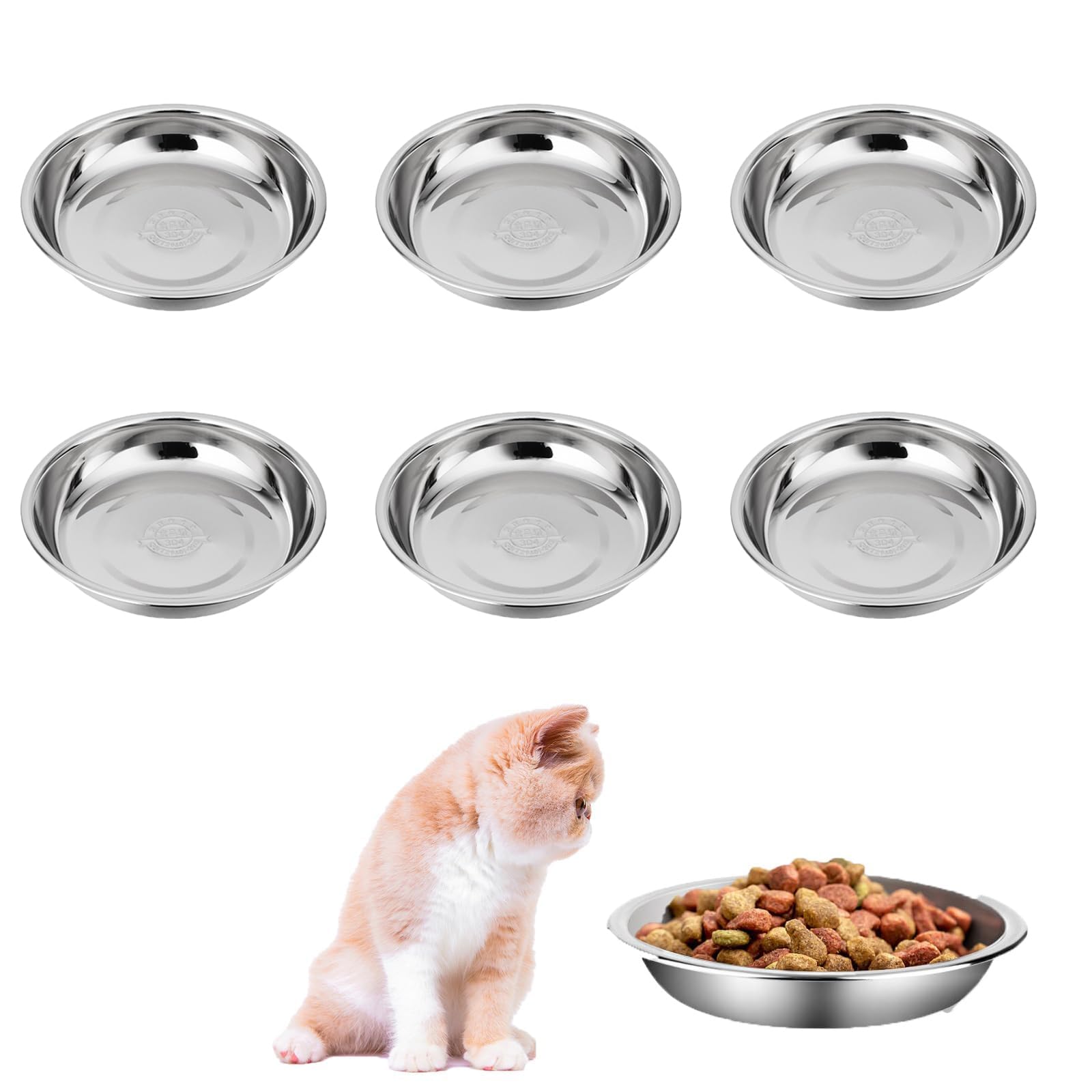 Cat Bowls Whisker Friendly, Shallow Wide Flat Cat Food Bowls 304 Stainless Steel,Metal Cat Dishes Whisker Fatigue Relief,5.5inch Basic Cat Plates for Elevated Stand,Dishwasher Safe (6PCS) — image 1