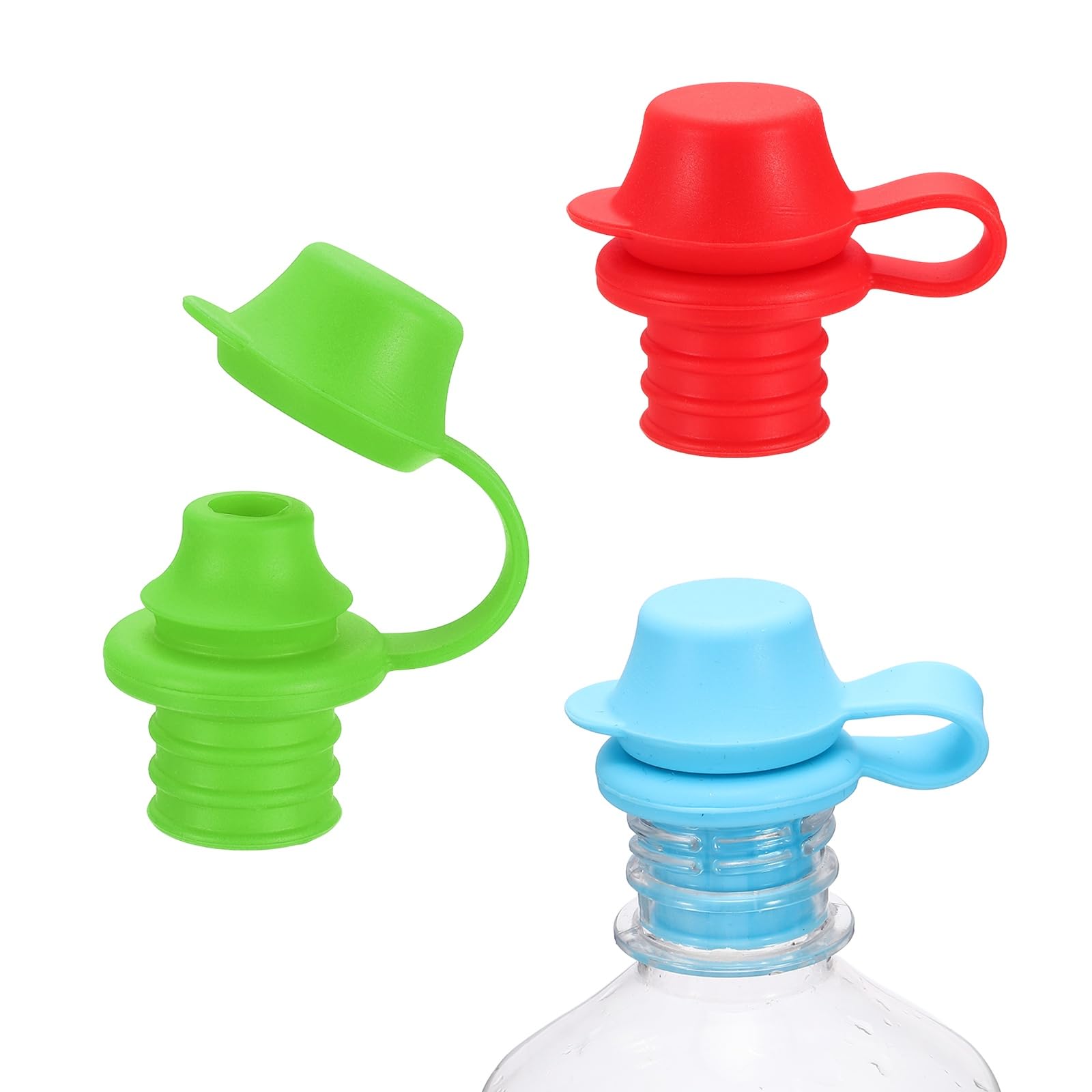 sourcing map 3Pcs Silicone Wine Stoppers, Reusable Spill Proof Water Bottle Stoppers with Protective Cap for Wine Beer Champagne Bottles Home Kitchen Bars, Blue/Green/Red