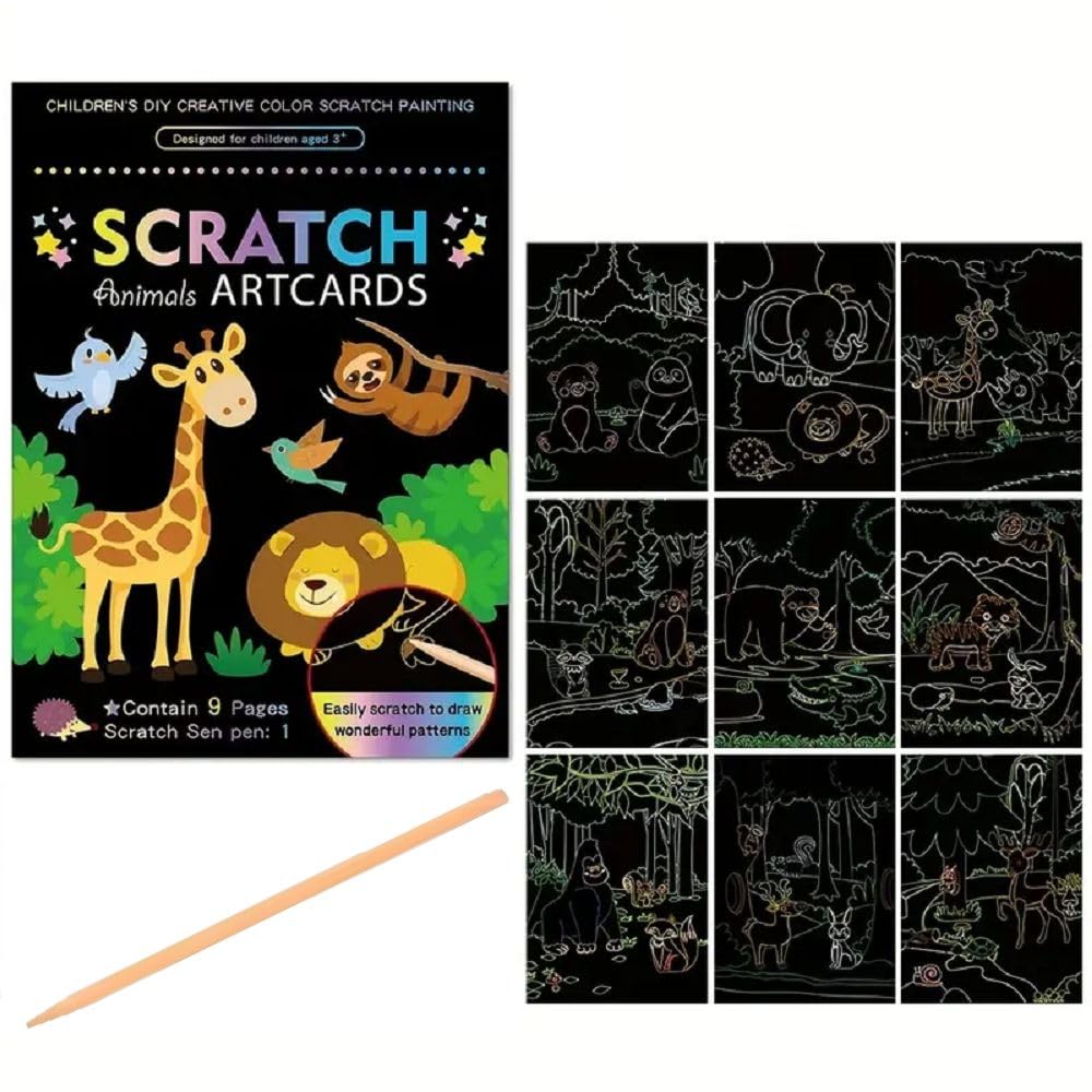 FunBlast Scratch Painting Art Cards - DIY Magic Colouring Art Scratch Cards, Scratch Art Painting Paper with Stylus for Drawing, Sketching, Art & Craft Kit for Kids (Animal)