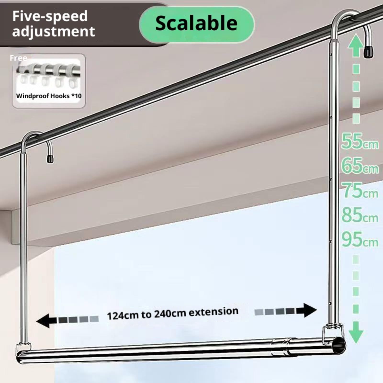 Portant à vêtements suspendu en acier inoxydable, portant à vêtements télescopique，La perche télescopique est réglable en longueur de 120 cm à 240 cm, adaptée à une utilisation intérieure/extérieure.