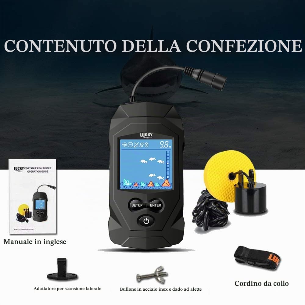 LUCKY Cercatore di Pesci da Pesca Portatile Marino Ecoscandaglio con Trasduttore per Kayak Ecoscandagli con sensore di profondità Display LCD per ecoscandagli per Barche