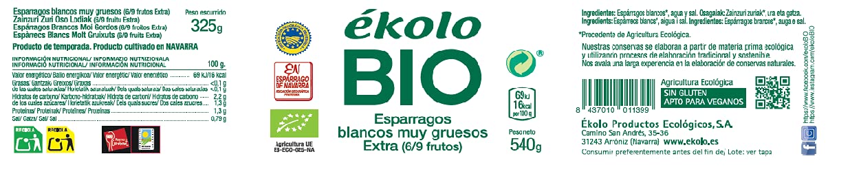 Ekolo Espárragos Blancos Muy Gruesos Bio, 6 Tarros, 540g 3240g