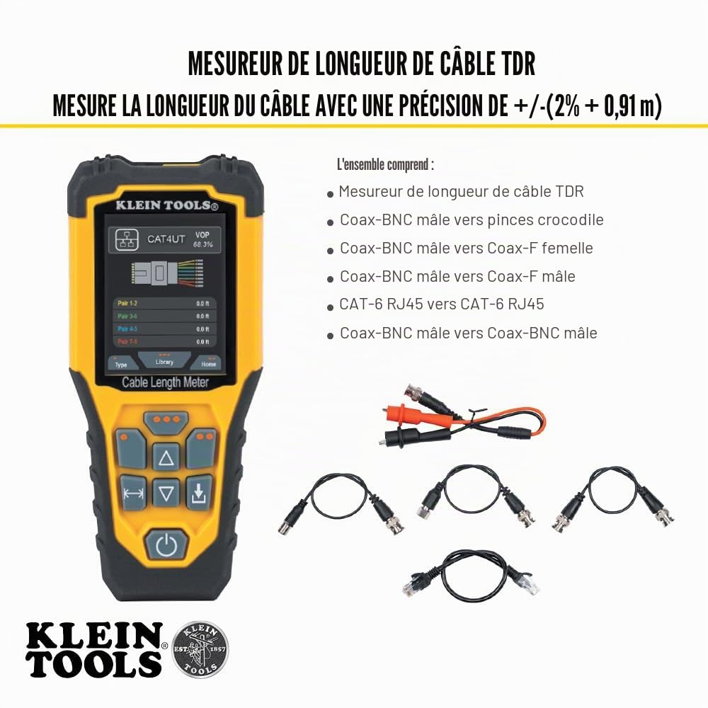 Klein Tools 501-915 | Mesureur de longueur de câbles TDR | Mesure jusqu’à ~914 m | Détecte distance à défaut ouvert ou court | Générateur de tonalité intégré | Écran LCD rétroéclairé