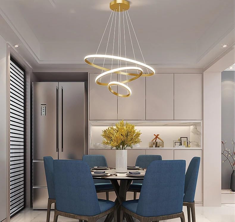 Image of OJIT Modern 3 Ring Led Chandelier, Pendant Light Height Adjustable Hanging Ceiling Lamp for Living Room, Kitchen, Indoor, Dining Table & Home Decor (Black) (Golden Ring 5316)