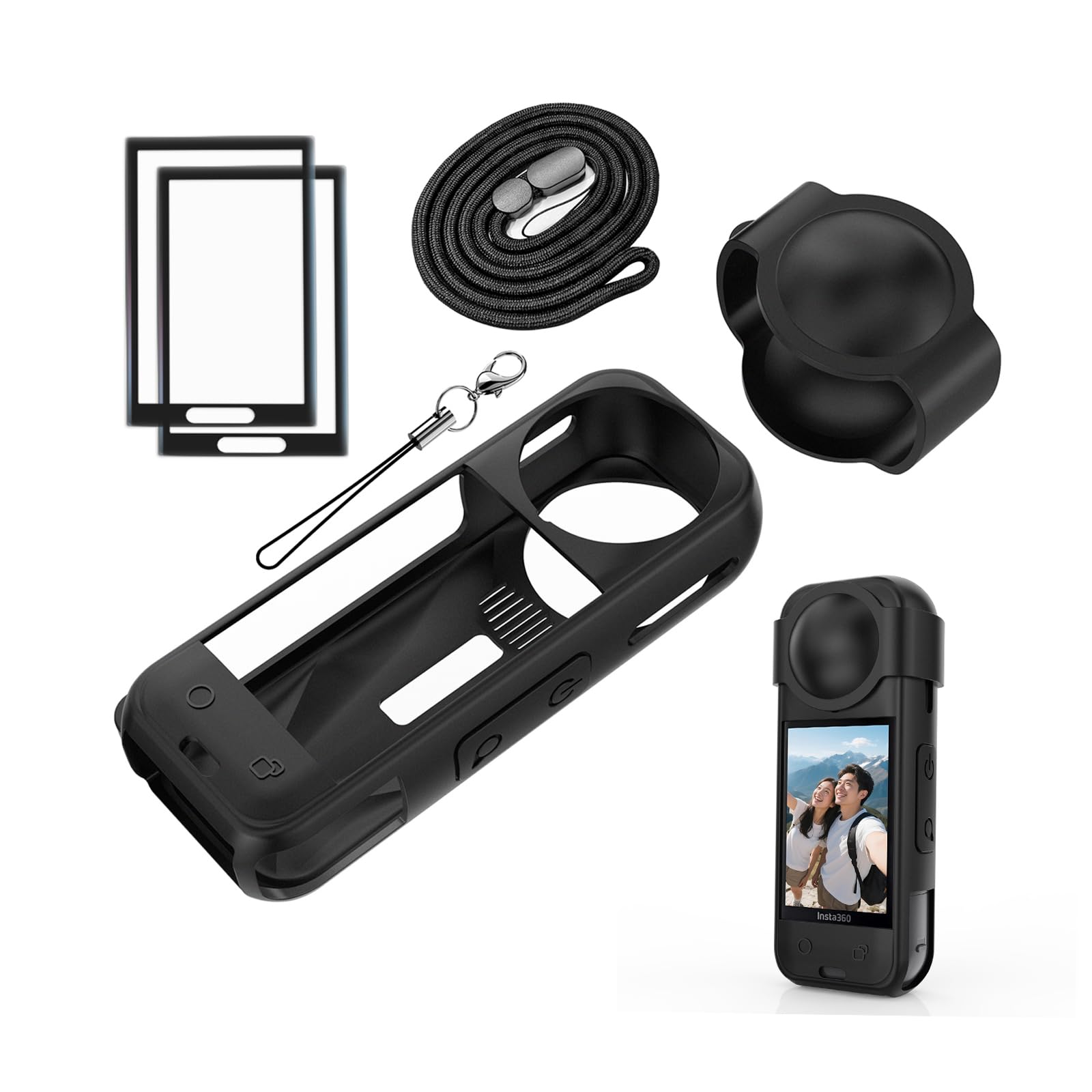 FlySimple Silicone Sleeve Case for Insta360 X5 Accessories, Anti-Scratched Protective Case Lens Cap Screen Protector Set with Lanyard Anti-Lost Rope