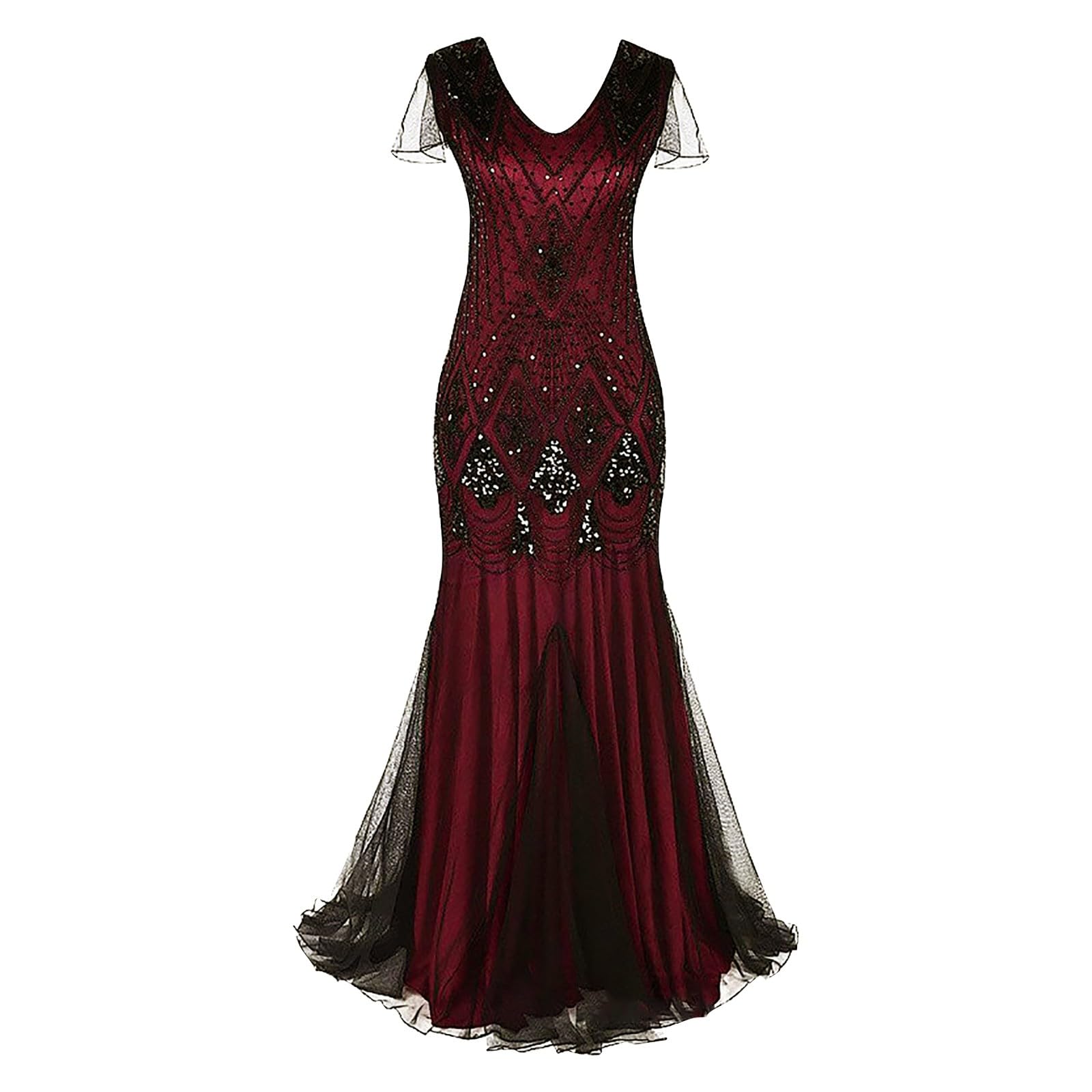 Vestido de Noche Fiesta Mujer Vestido Flapper de los Años 20 Disfraz de Gatsby Manga Corta Vestidos Largo de Eventos Charlestón con Lentejuelas Ajustado Vestidos de Cóctel