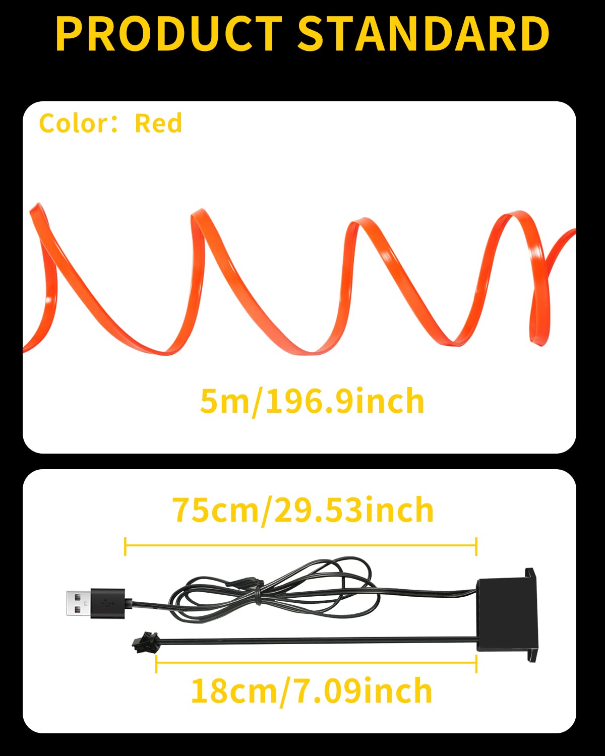 El Wires - Tira de luz LED de ambiente decorativa para interior de coche, 5 m, luz de neón, decoración de borde de costura, letrero de bricolaje con USB (rojo)
