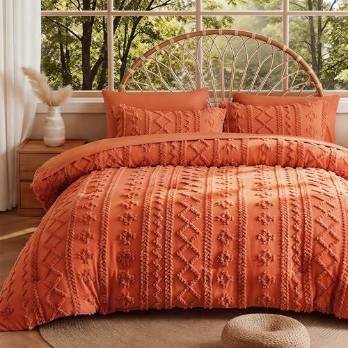 Image of MR&HM Full Size Bed Sheets and Comforter Set Terracotta, 7 Pieces Tufted Boho Beddding Sets, Farmhouse Bed in a Bag with 1 Comforter, 2 Pillow Shams, 2 Pillowcases, 1 Flat Sheet, 1 Fitted Sheet