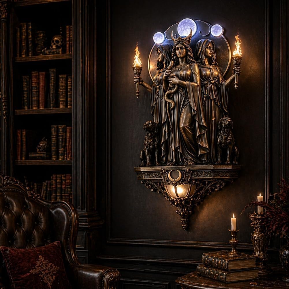 Applique da Parete Hecate, la Triplice Dea Illuminare il Tuo Spazio, Lampada Gothic in Resina con Torce & Cani, Statue Mitologica Greca Ideale per Camera da Letto, Soggiorno e Corridoio