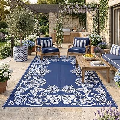 Garvee Outdoor Rugs 8’x10’ Waterproof Reversible Mats, Large Area Plastic Straw Rug, Outside Carpet, Butterfly Floral Rv Mat for Patio Camping Picnic Backyard Deck Balcony Porch Beach Trailer