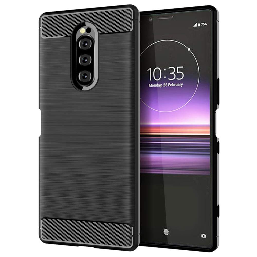 Phone Case for Sony Xperia 1 and Tempered Glass Screen Protector Film Cover with Mobile Bumper Accessories Slim Shockproof Full Body TPU Soft Thin Silicone Rubber experia One Rugged Cases Girls Black
