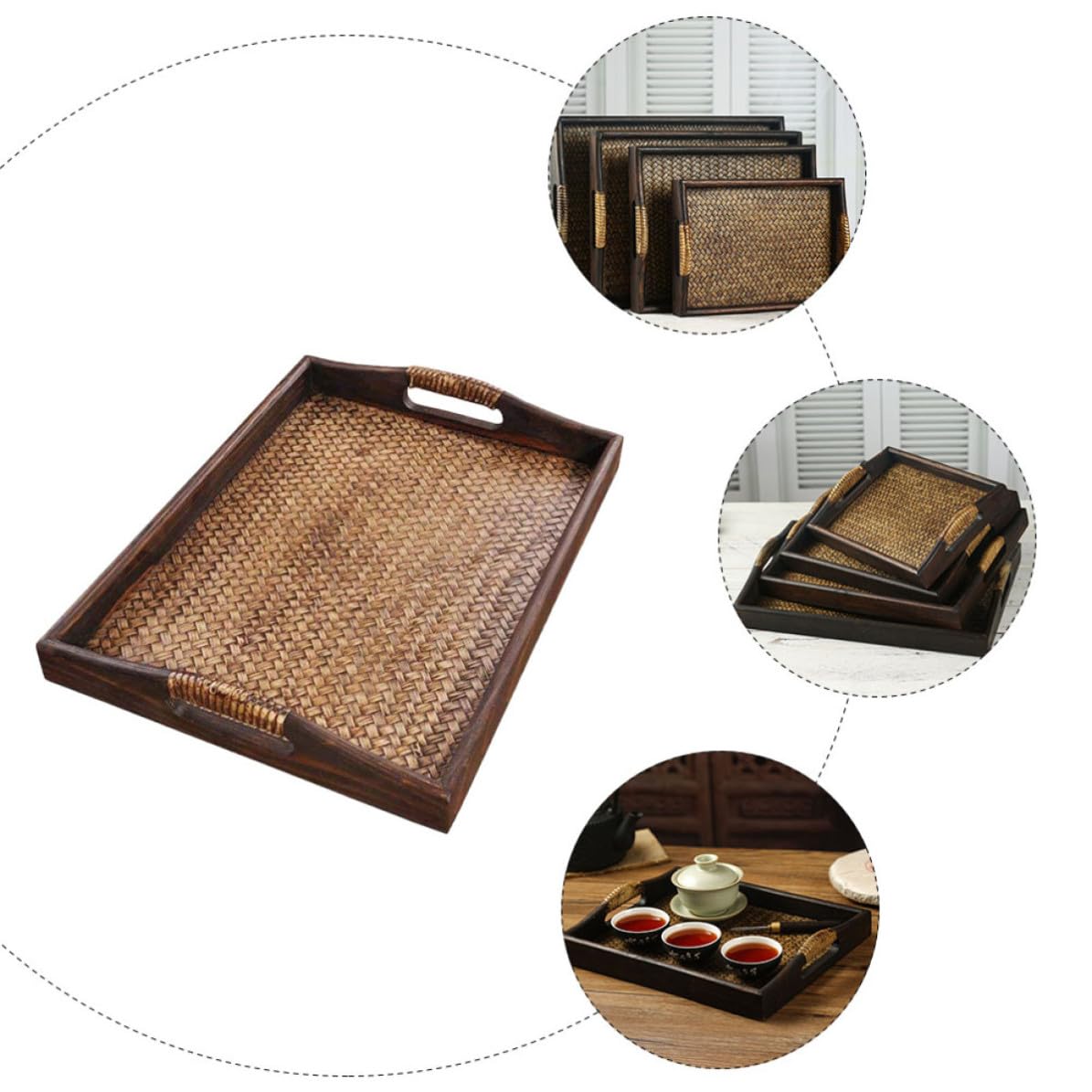Vassoio Intrecciato in Legno e Bambù Marrone, Resistente a Deformazioni e Crepe, Superficie Levigata, per Tè e Snack in Casa o Salone Spa