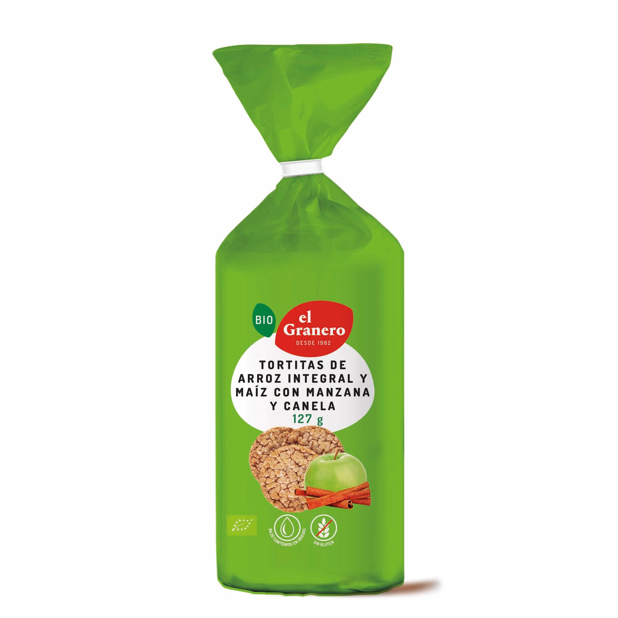El Granero Integral - Pack de 6 Unidades de 127 g de Tortitas Ecológicas de Arroz Integral y Maíz con Manzana y Canela - 127 g - Bajo Contenido en Sal - Sin Gluten - Aptas para Veganos