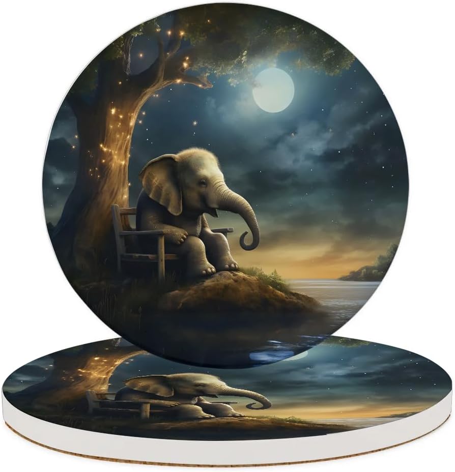 Round Coasters Set of 2, Elephant Under Tree Absorbent Ceramic Coaster with Cork Base, Bar Coasters for Drinks Coffee Mugs Tea Cups Wine Glasses Home Decor Gifts (4 inches)