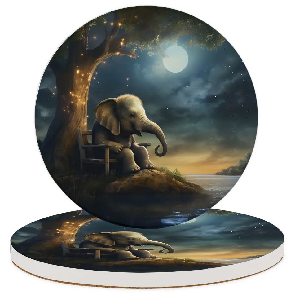 Round Coasters Set of 2, Elephant Under Tree Absorbent Ceramic Coaster with Cork Base, Bar Coasters for Drinks Coffee Mugs Tea Cups Wine Glasses Home Decor Gifts (4 inches)