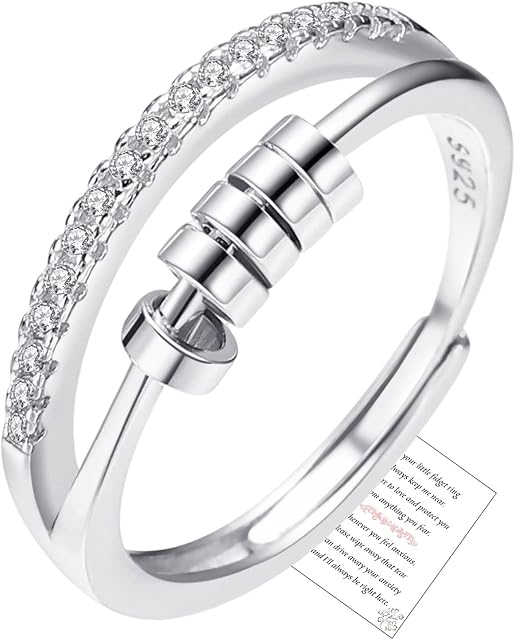 PRETOLE Silver Anxiety Rings for Women Girls,Adjustable Anti Anxiety Ring with Beads,925 Sterling Silver Spinner Thumb Fidget Ring,Aniexty Stress Relief Rings for Women