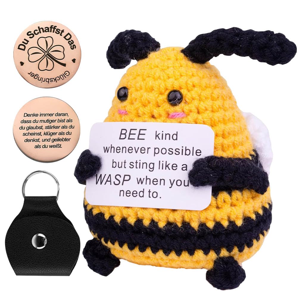 FOPSDGN Funny Positive Bee Crochet Dolls, Creative Knitted Wool Mini Honeybee Doll with Small Hug Lucky Charm, Key Buckle, Crochet Doll Inspirational Gifts, for Kids Adults Friends Classmate