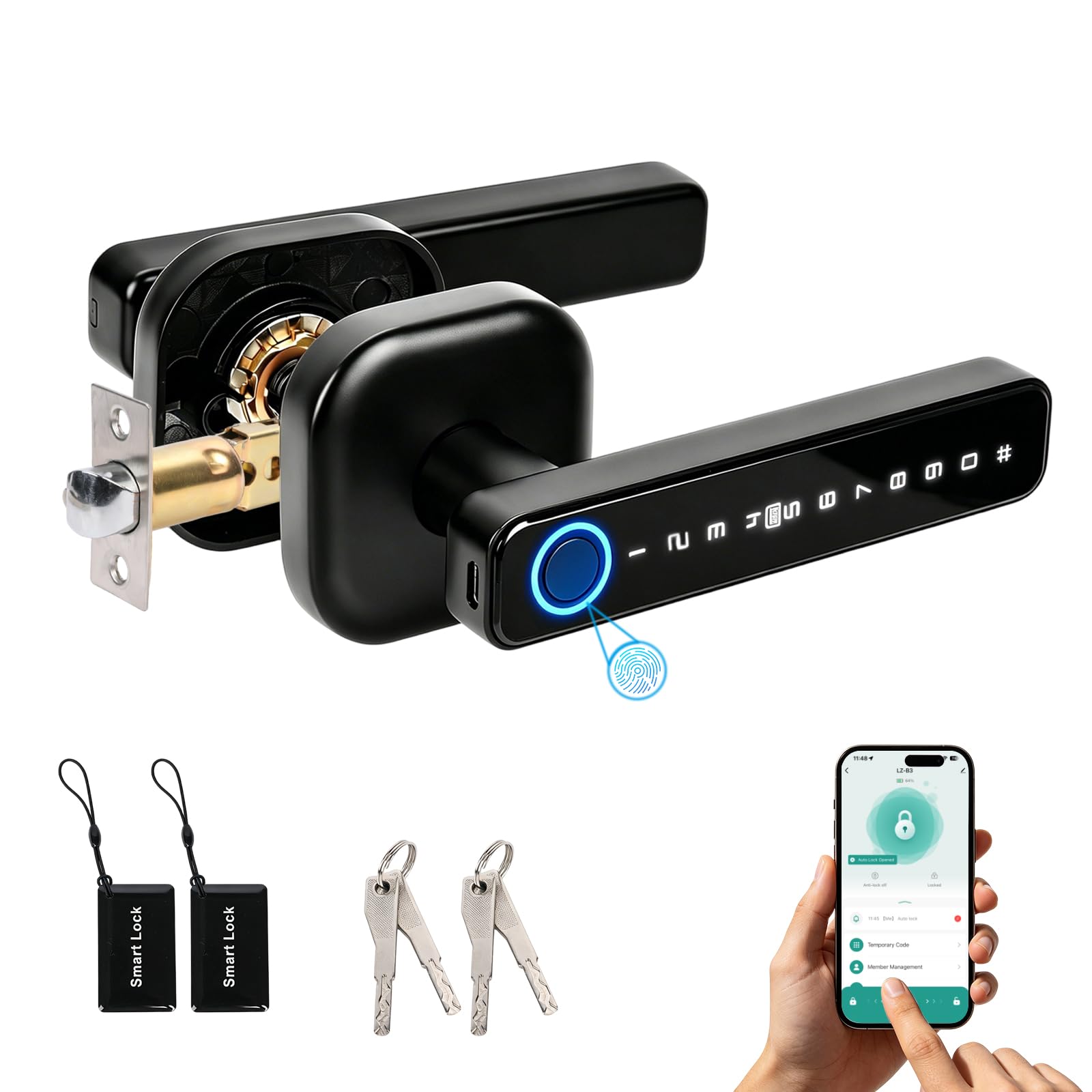 5-in-1 Intelligentes Türschloss, Elektronisches Türschloss für Bluetooth | Fingerabdruck biometrische, Temporäres Passwort, Per App gesteuert, Smart Lock, IC-Karte, für Haustür, Wohnung, Hotel, Büro