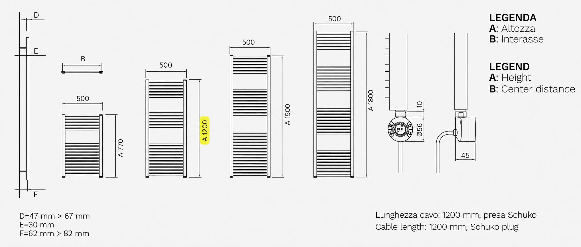 ERCOS ELETTRA Scaldasalviette Elettrico Nero Opaco con Cronotermostato Digitale Piatto per Uso Interno con Cavo Elettrico 45x50x120 cm per Bagno a Montaggio a Parete